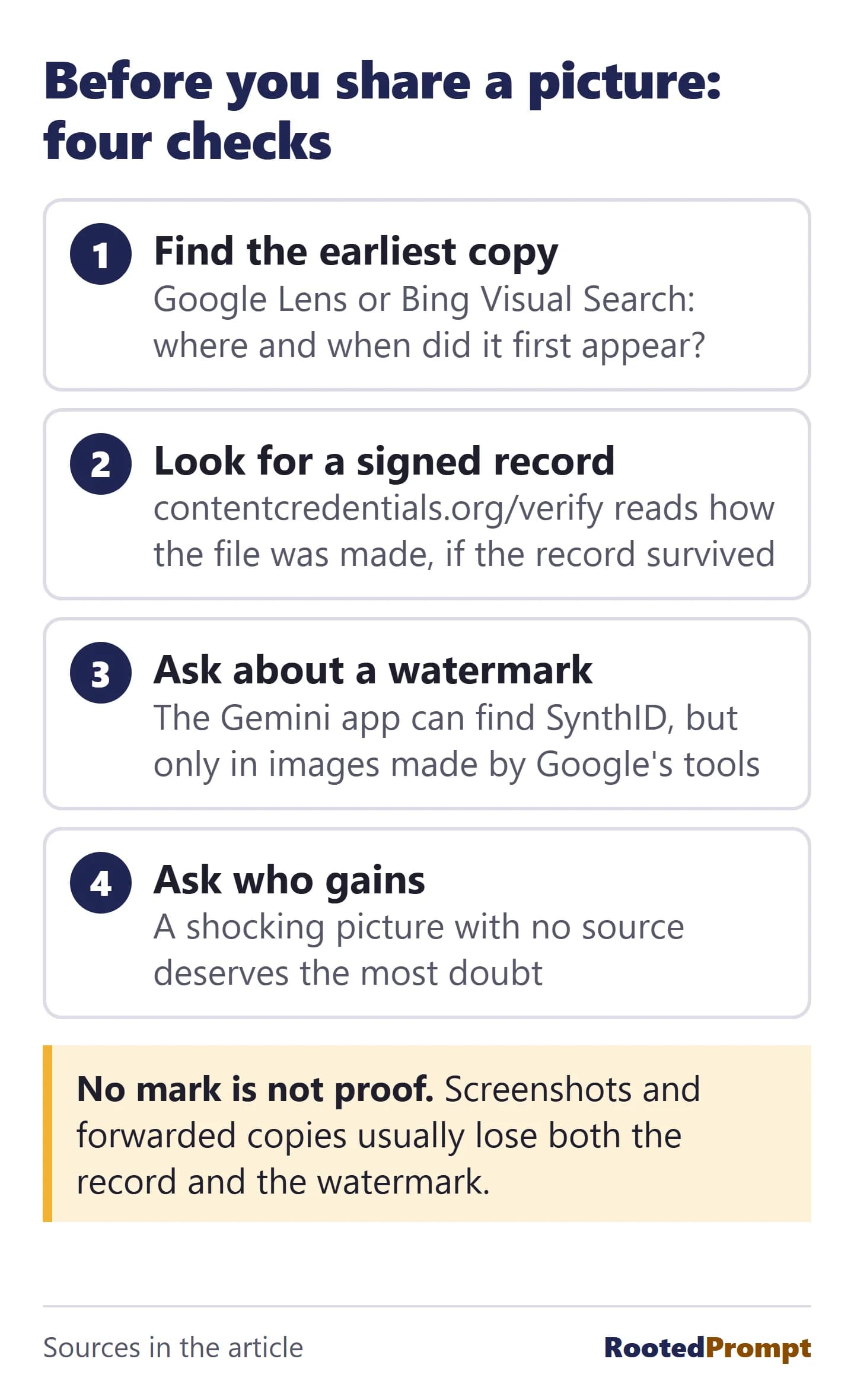 Four checks before sharing a picture. One, find the earliest copy with Google Lens or Bing Visual Search. Two, look for a signed record at contentcredentials.org/verify. Three, ask the Gemini app about a SynthID watermark, which only Google-made images carry. Four, ask who gains. A missing mark is not proof, because screenshots and forwarded copies usually lose both.